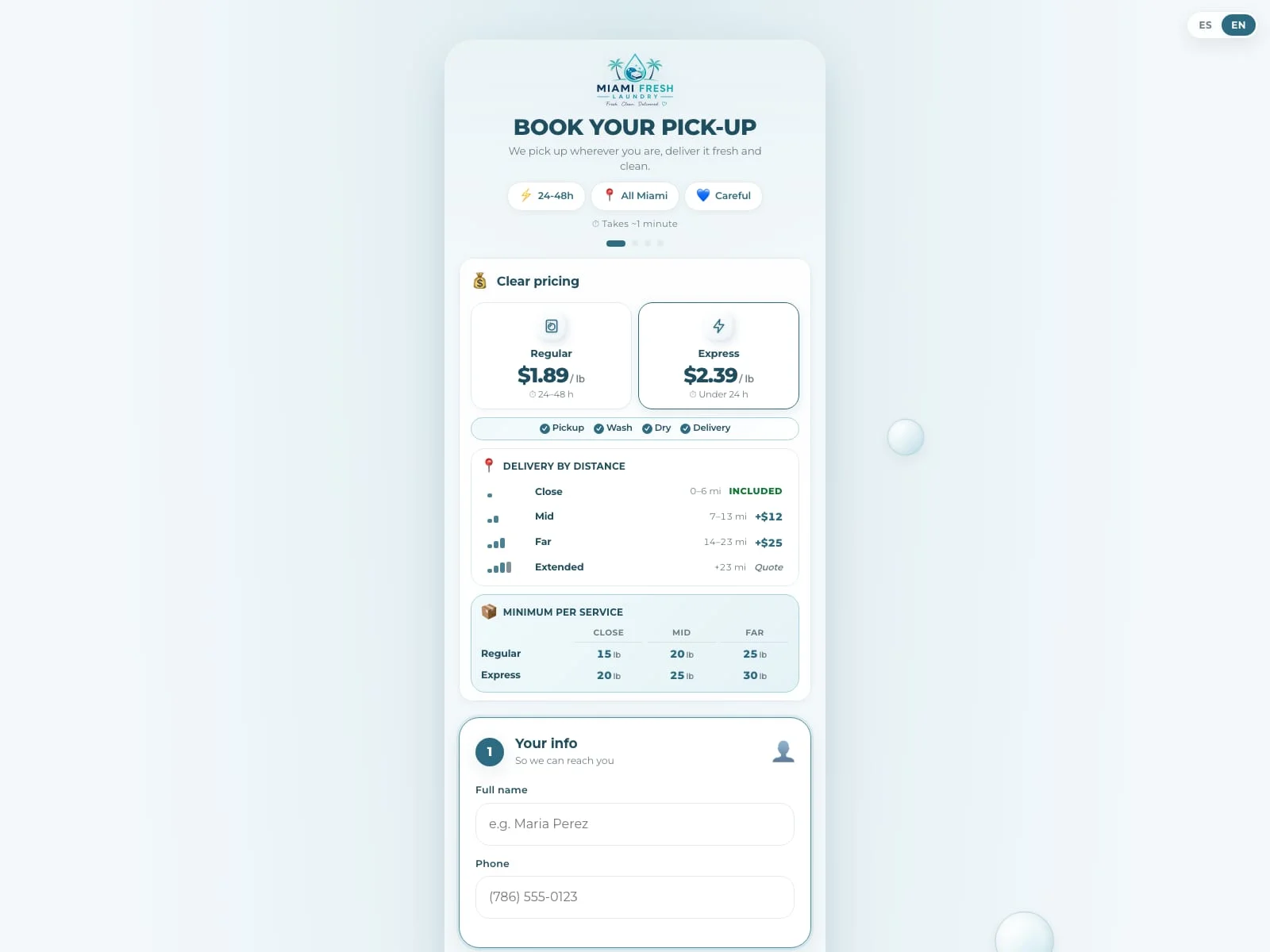 Flujo de reservas real de Miami Fresh Laundry