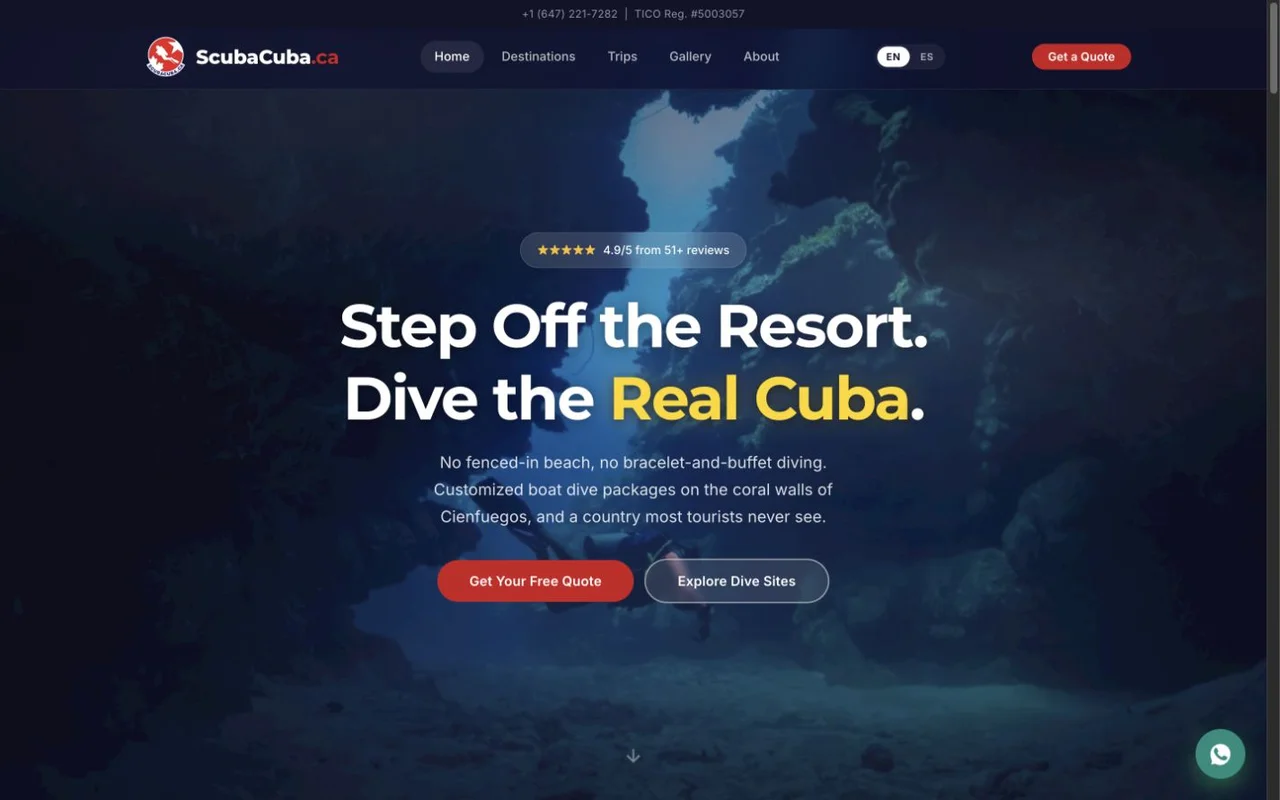 Web de ScubaCuba: viajes de buceo